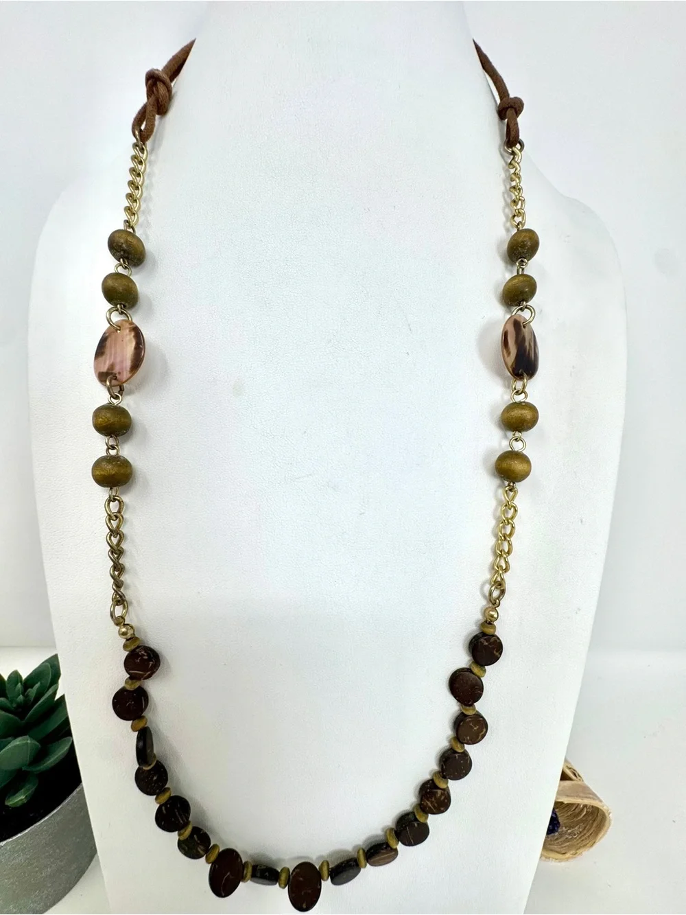 Bohemian Layered Long Statement Necklace Wood & Gold Tone Accents Earthy